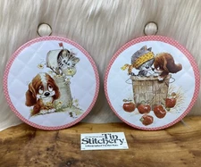 Vintage Jasco Trivet Set Puppy & Kitten “Tin Stitchery”Hot Mat Lithographed