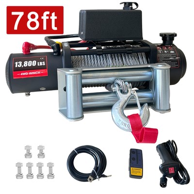 13800lbs Electric Vehicle Winch 78FT Wire Rope Steel Cable Truck Winch 12V Power