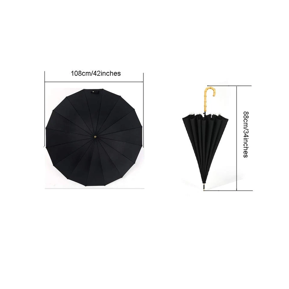 Paraguas de bambú negro abierto automático lluvia elegante 16 costillas simple 190T KS08 Foto 3 de 4