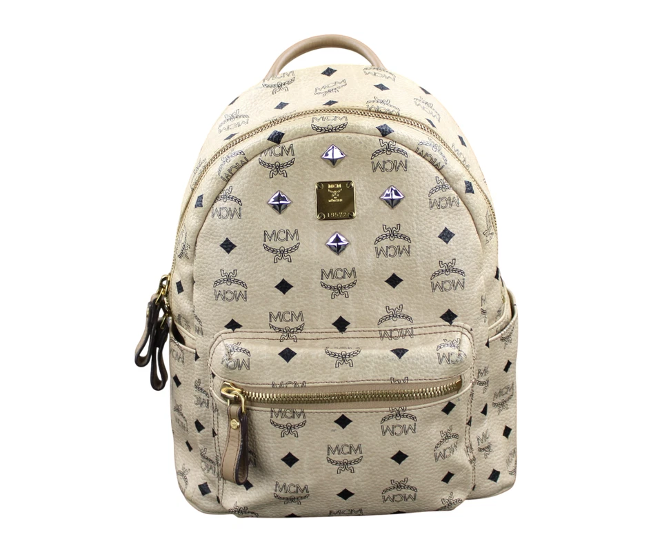 MCM Rucksack Tasche beige gold silber Nieten schwarz Damen Medium