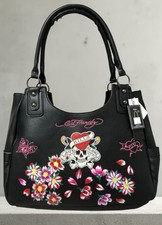 ED HARDY Black  LOVE KILLS SLOWLY  Floral Skull Tattoo Large Satchel Bag Y2K NWT
