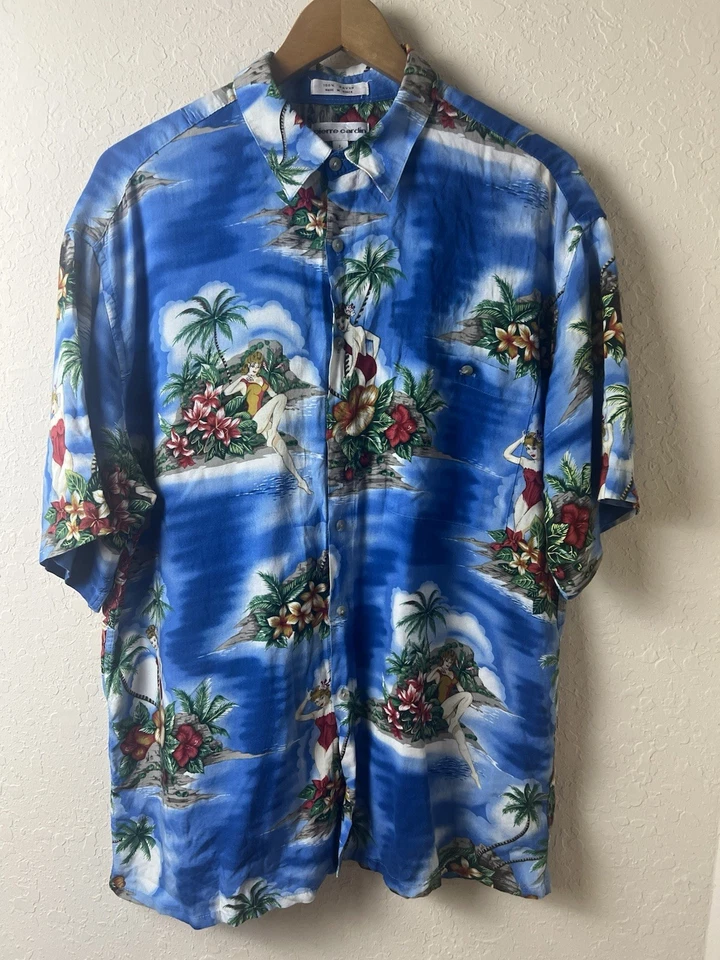 Y2K PIERRE CARDIN Shirt Mens Large L Hula PinUp Girl Beach Aloha Hawaiian Camp - Image 4 of 4