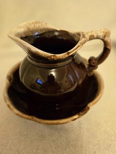 McCoy Vintage Pottery Brown Drip Glaze Pitcher and Wash Bowl Set USA Made