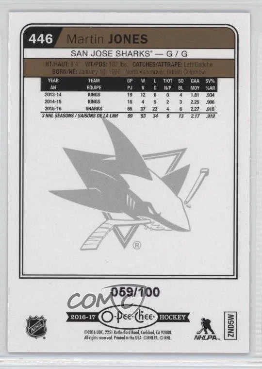 2016-17 O-Pee-Chee Black Rainbow Foil /100 Martin Jones #446 - Image 2 of 2