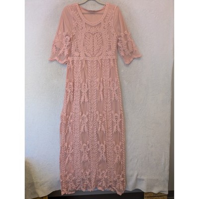 Orange Creek Maxi Dress Women's M/L Pink Lace Mesh Overlay Boho Short Sleeve
