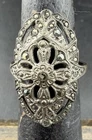 Vintage Sterling Silver Marcasite Filigree Navette Ring Art Deco Style Size 4 US