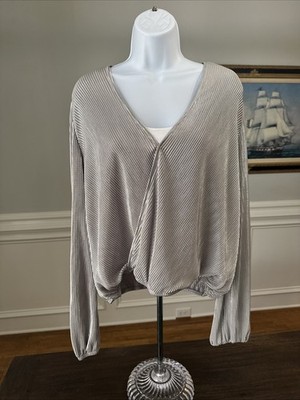 Lola Grace Sequin Cropped Top V Neck Long Sleeve Silver Size Large