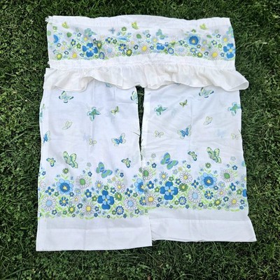 Vintage Blue Green And White Retro Butterflies And Floral Curtains 3 Piece