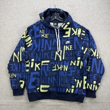Nike Hoodie Mens Large Blue Yellow Pullover Sweatshirt Spell Out Y2K Street AOP