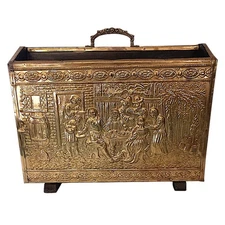 Vtg Brass Repousse Magazine Rack Holder Patina Farmhouse England Wood Embossed 