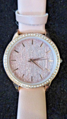 Women's Accutime Watch Pink Metallic Face Rhinestones Rose Gold Tone Metal Case