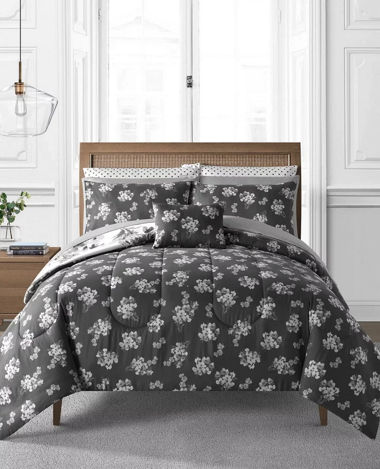 SUNHAM Hanna 12 piezas Juego de edredón completo floral reversible negro/blanco Foto 2 de 4