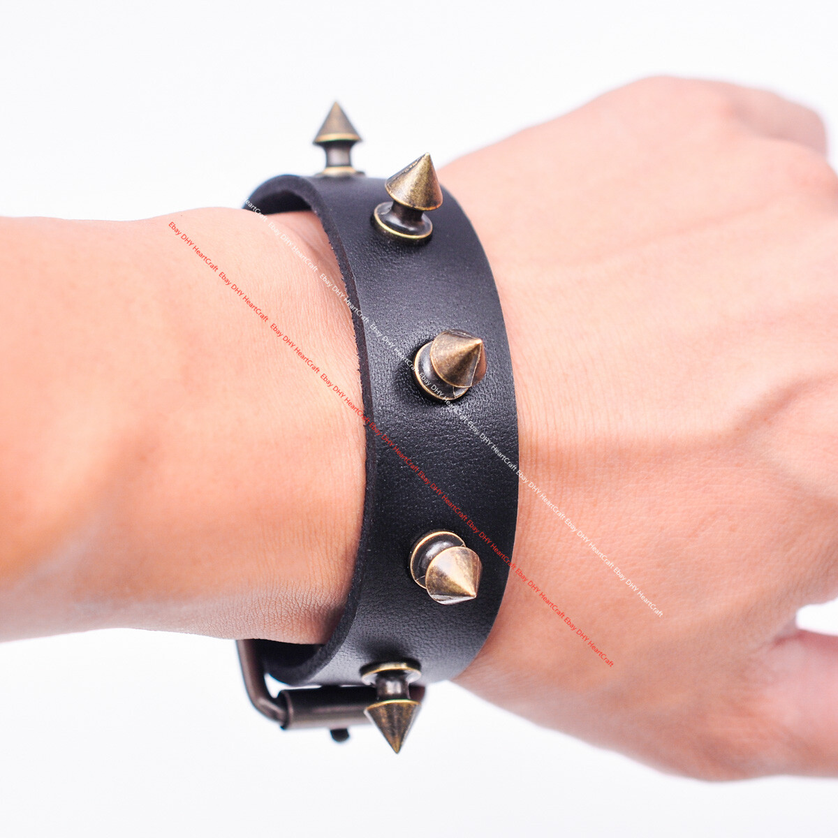 Motocycle Brass Spike Cone Rivet Black Leather Bracelet Wristband