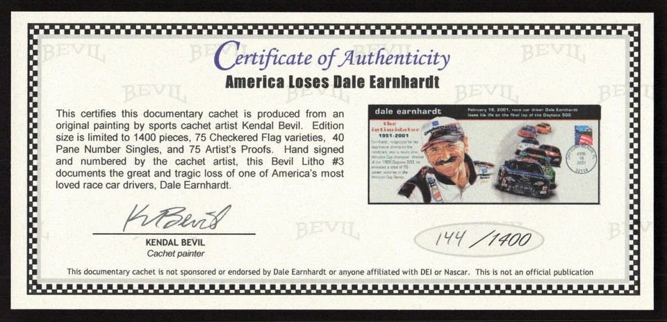 Bevil 2001 NASCAR #3 Dale Earnhardt Memorial #144/1400 Lg #10 Env Sc 3448 w/COA - Image 2 of 2