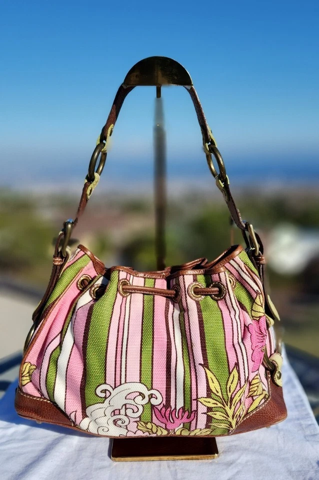 Isabella Fiore Floral Drawstring Bag, Shoulder Bag Canvas Leather Trim - Image 2 of 4