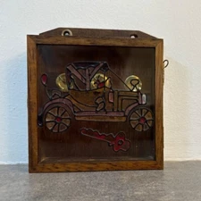Wooden Key Holder Wall Mount VTG Stained Glass Antique Car Ford Model T Fob Trac