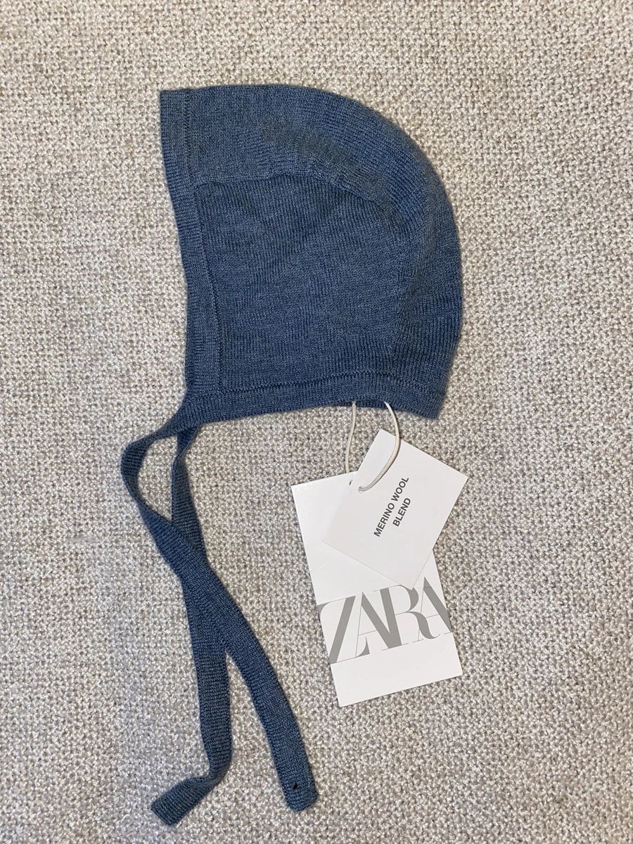Zara Mini Baby Boys / Girls Size 1-6 M Blue Grey Merino Wool Bonnet Hat w/Ties