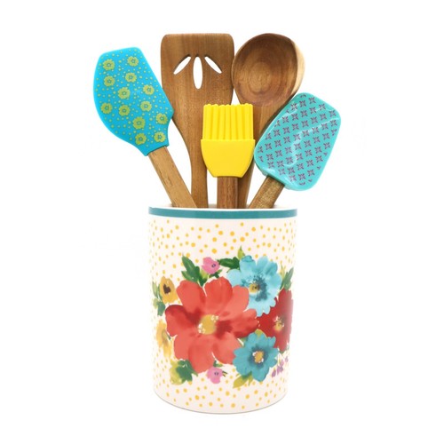 Pioneer Woman Breezy Bouquet Kitchen Tools & Crock Starter 20Pc Set Teal Floral - Picture 7 of 7
