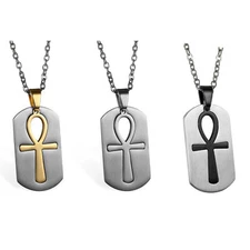 Men's Ancient Egyptian Ankh Cross Dog Tag Stainless Steel Pendant Necklace Chain