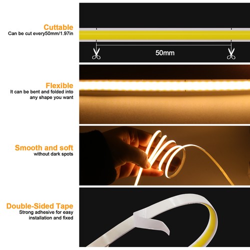 3mm 5mm 8mm COB LED Strip Lights USB 320LED/M Flexible Tape Rope Cabinet Kitchen - Picture 5 of 29