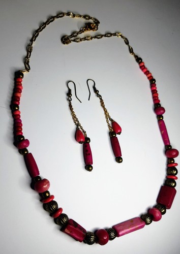 Vintage hot pink golden boho necklace 22" & drop dangle earrings 3" hand-strung - Picture 4 of 4