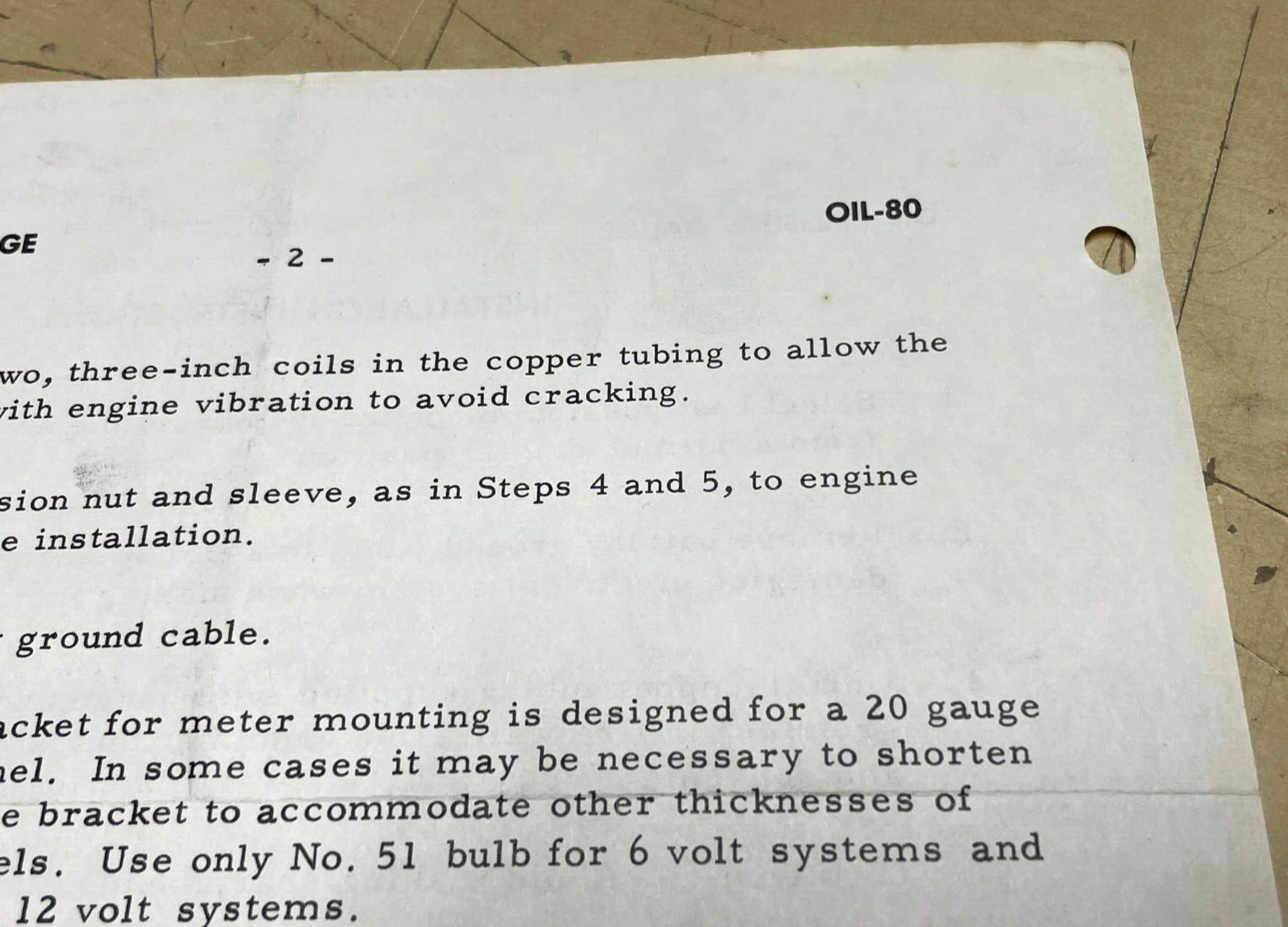 Vintage Original Sun Electric Corp Oil Pressure Gauge Installation Instructions