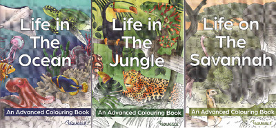 3 ADVANCED COLOURING BOOKS A4 ANIMALS JUNGLE SAVANNAH & OCEAN