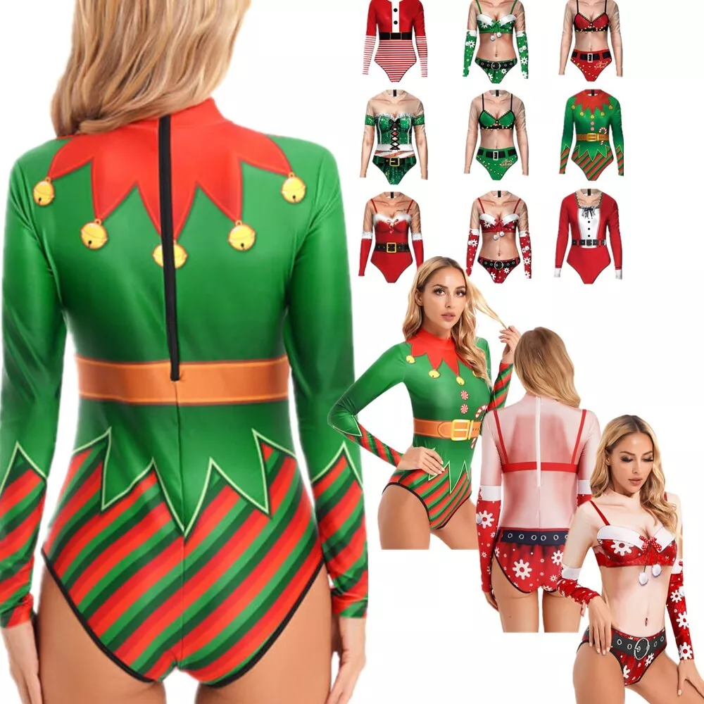 Women's Funny Christmas Print Swimming Costumes One Piece Thong Bodysuit  Bathing