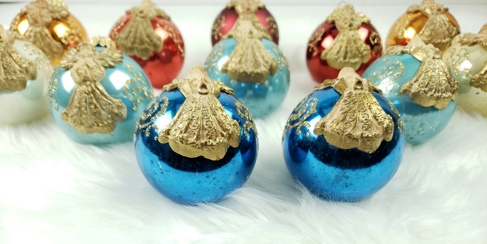 12 Vintage West Germany 3D Applied Angel Glass Ball Christmas Ornaments Norma krajowa