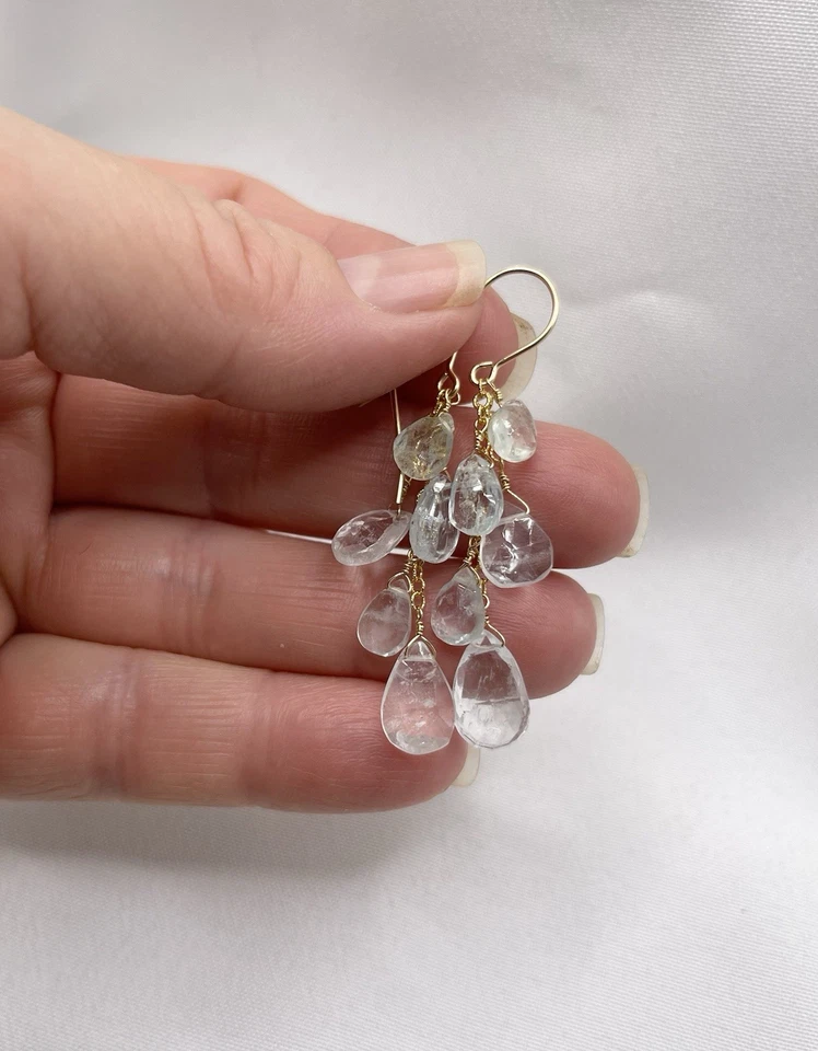 Pendientes Aguamarina Natural Briolette Piedras Preciosas Colgantes Oro 14K Relleno Foto 3 de 4