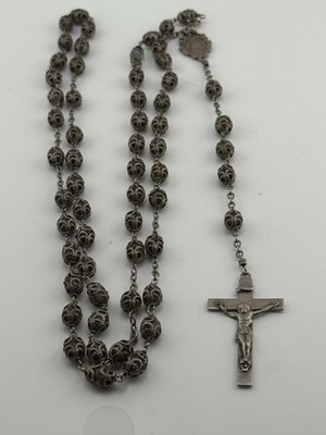 Vintage Sliver Tone oxidized Beaded catholic rosary
