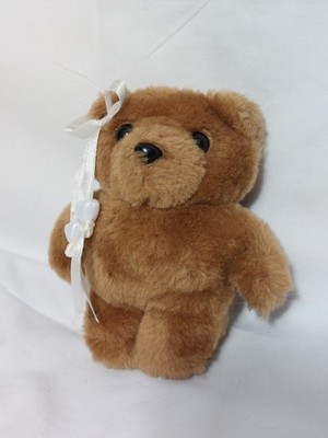 Vintage 5'' Tiny Brown Teddy Bear Plush White Ribbon Heart Shaped Beads
