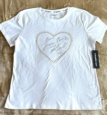 Karl Lagerfeld WHITE T-Shirt Rhinestones/ Studs Gold Prints LOGO Cotton Sz L NWT