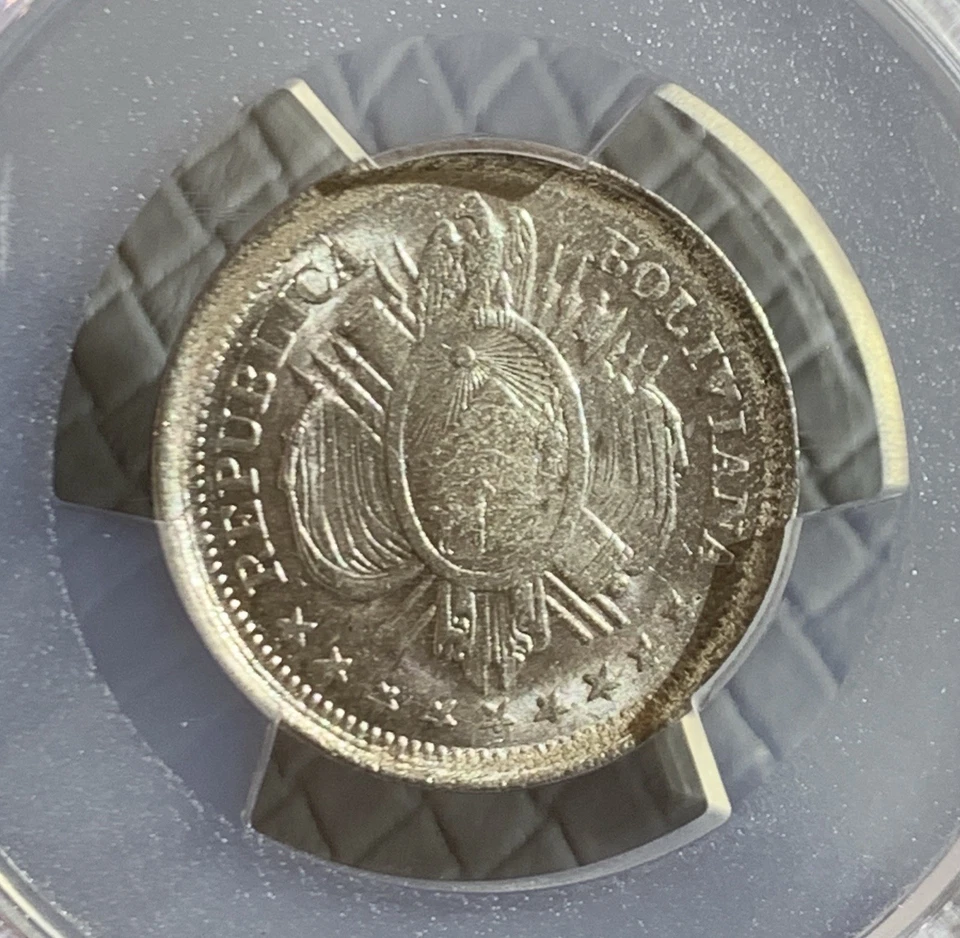 1897 PTS CB BOLIVIA 20 CENTAVOS SILVER COIN PCGS MS64 - Image 2 of 4
