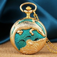 Yellow Gold Crocodile Design Unisex Quartz Analog Pocket Watch Full Hunter Chain