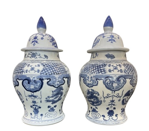 Chinese Pair Blue and White Urns Vase Porcelain Asian Ceramic Chinoiserie - Picture 2 of 23