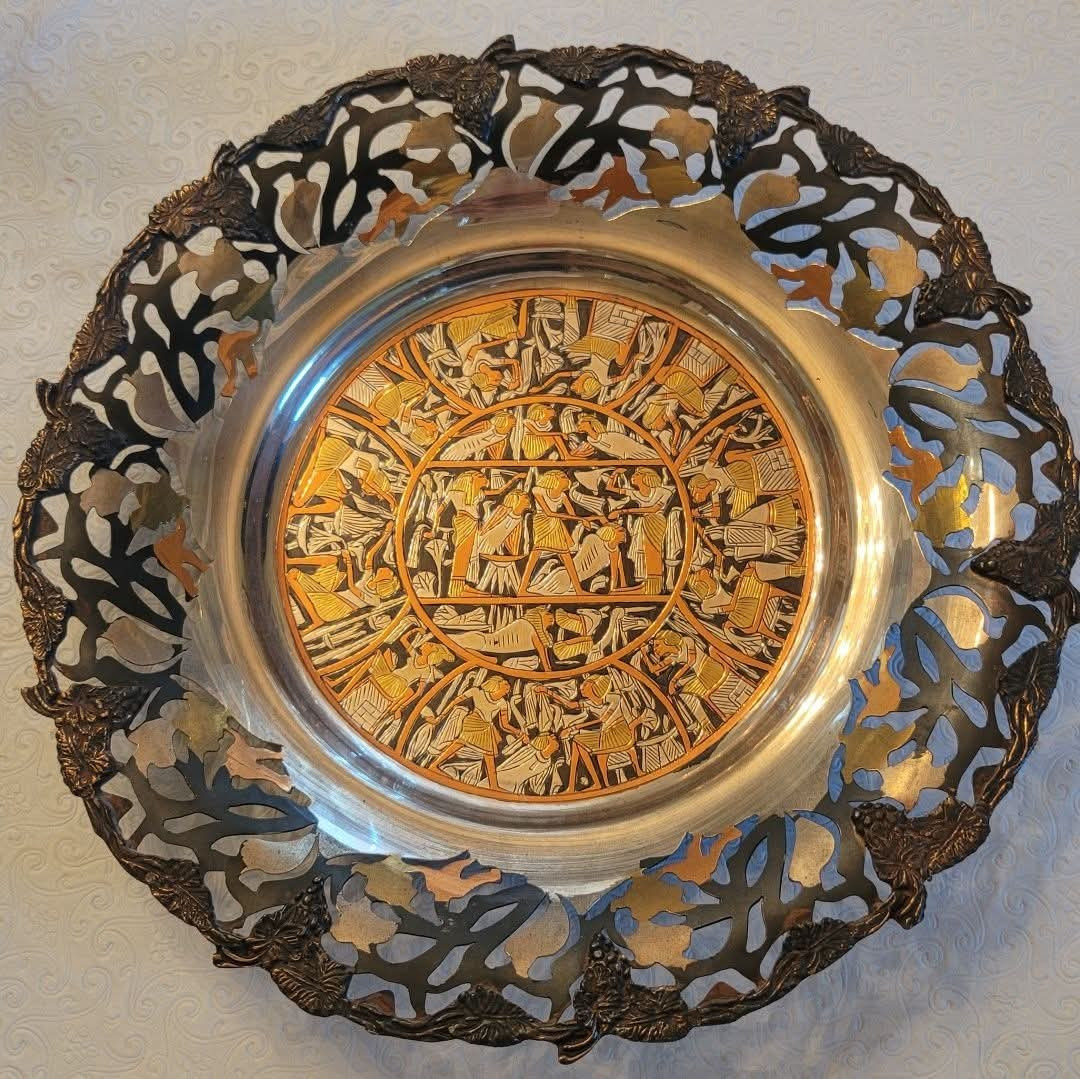VTG COPPER BRASS SILVERPLATE 13 IN EGYPTIAN GODS SPHINX ETCHED EMBOSSED PLATE