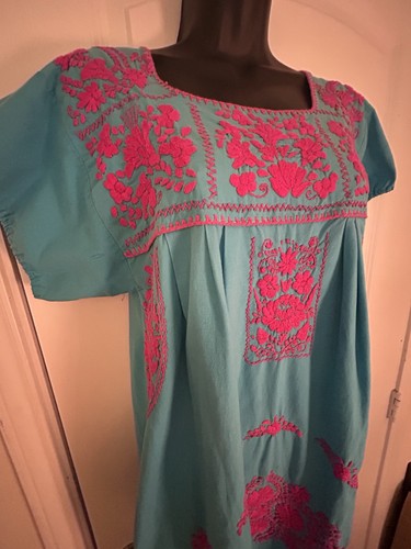 VESTIDO BORDADO OAXAQUEÑO TURQUESA BORDADO MEXICANO DE COLECCIÓN Boho Floral Étnico S - Imagen 3 de 7