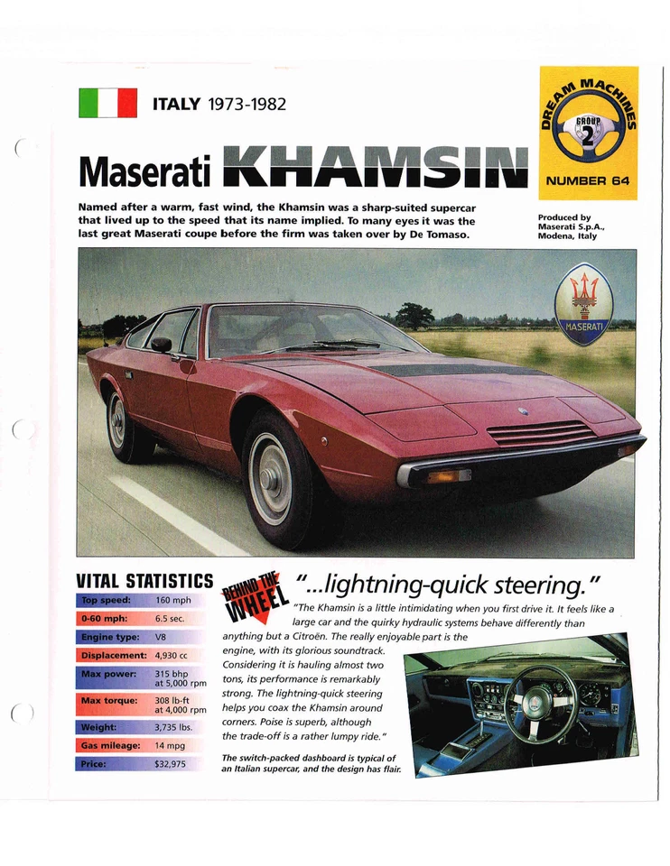 1974/1975/1976 MASERATI KHAMSIN HOJA DE ESPECIFICACIONES / Folleto / Catálogo, '75 Foto 2 de 4