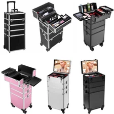 Rolling Makeup Case Artist Cosmetic Train Case Aluminum 4-In-1 Makeup Trolley
