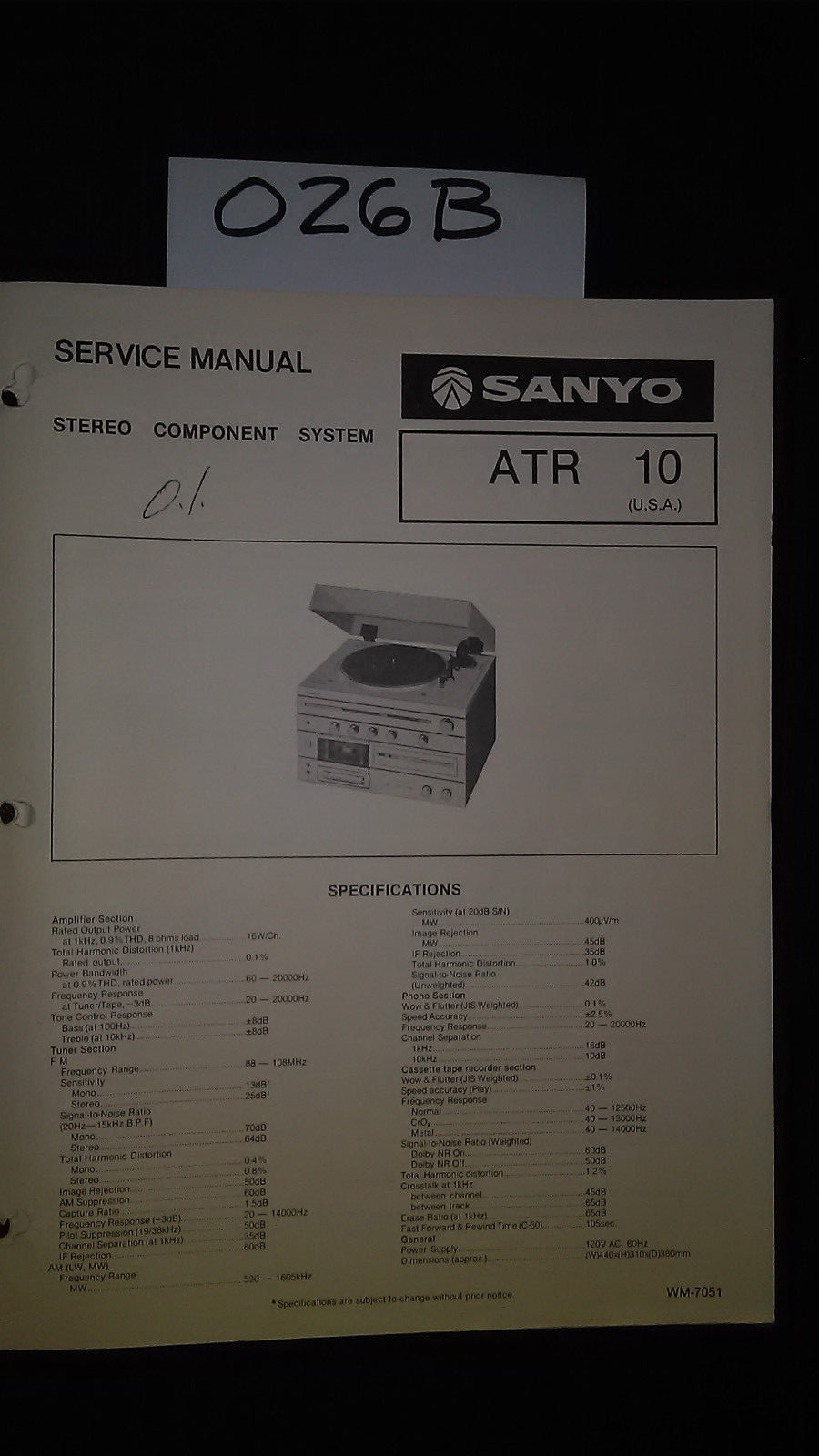 sanyo atr 10 Service Manual Original book stereo component system record player
