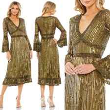 Mac Duggal NEW Olive Green Embellished 3/4 Sleeve V Neck A-Line Dress - Size 6