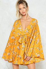 Nastygal Mini Dress Sz 6 Better Boogie On Down Orange Floral Bell Sleeve Tie