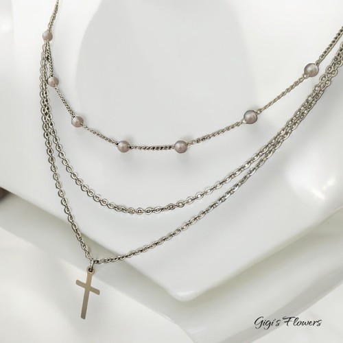Sliver Pearl Cross Halskette Lagenpullover Kette Zubehör 18 Zoll