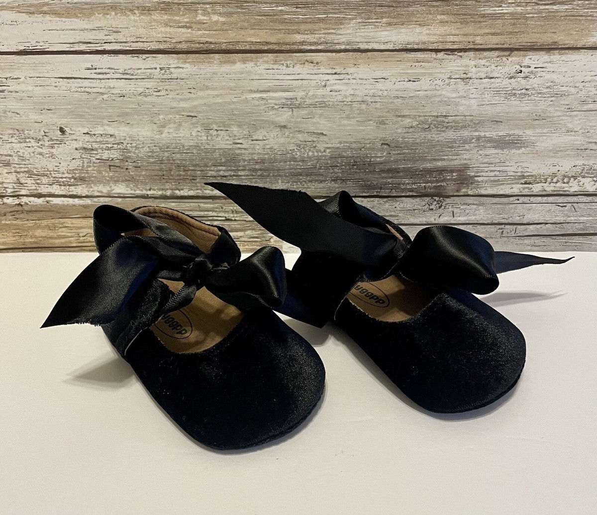 Myggpp Baby Girl Infant Size Ribbon Tie Mary Jane Black Velvet Shoes