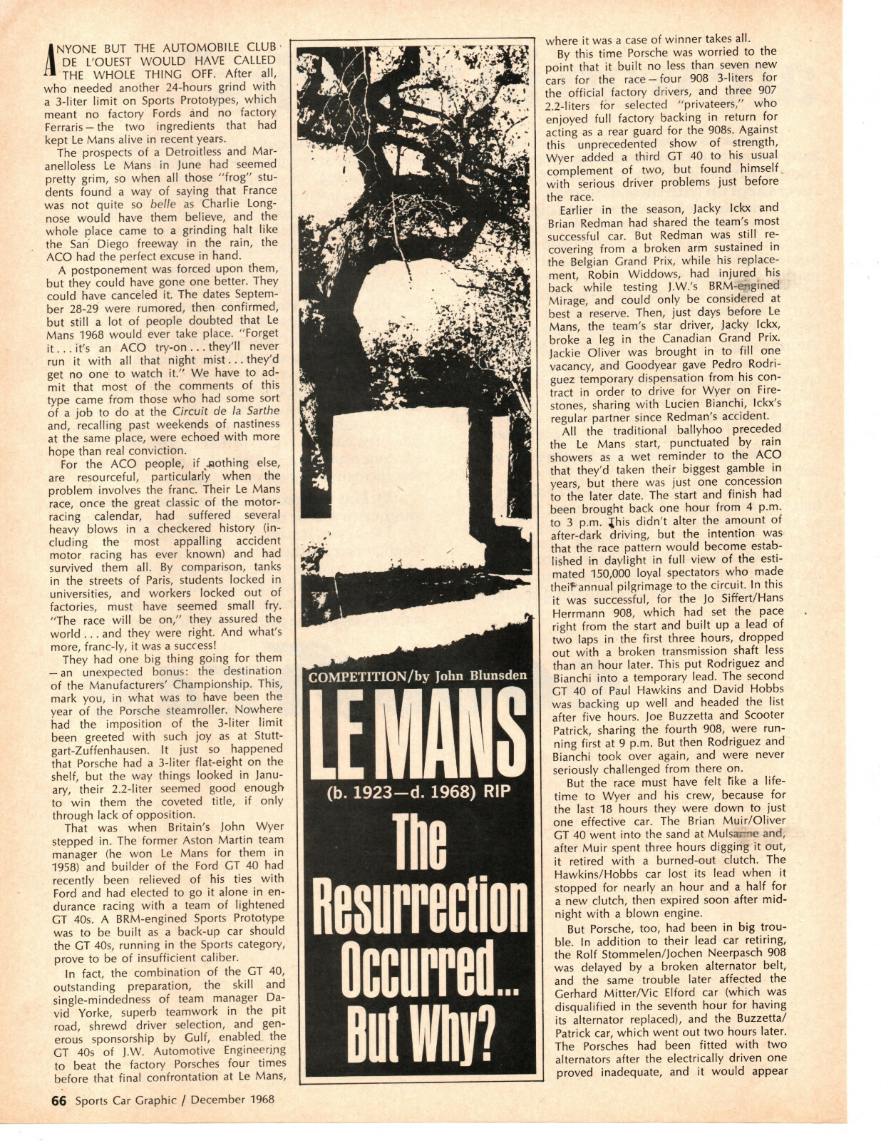 1968 24-HOURS OF LE MANS / FORD GT-40 WINNER ~ ORIGINAL 3-PAGE ARTICLE