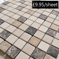 CUT SAMPLE Pisa Beige 2.5x2.5mm Tile Brown Real Marble Stone Mosaic
