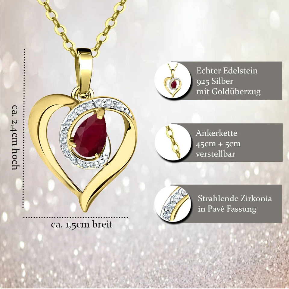 Echter Rubin Herz Kette 925 Silber Geschenk für Frauen Damen Freundin Gold rot - Bild 4 von 4