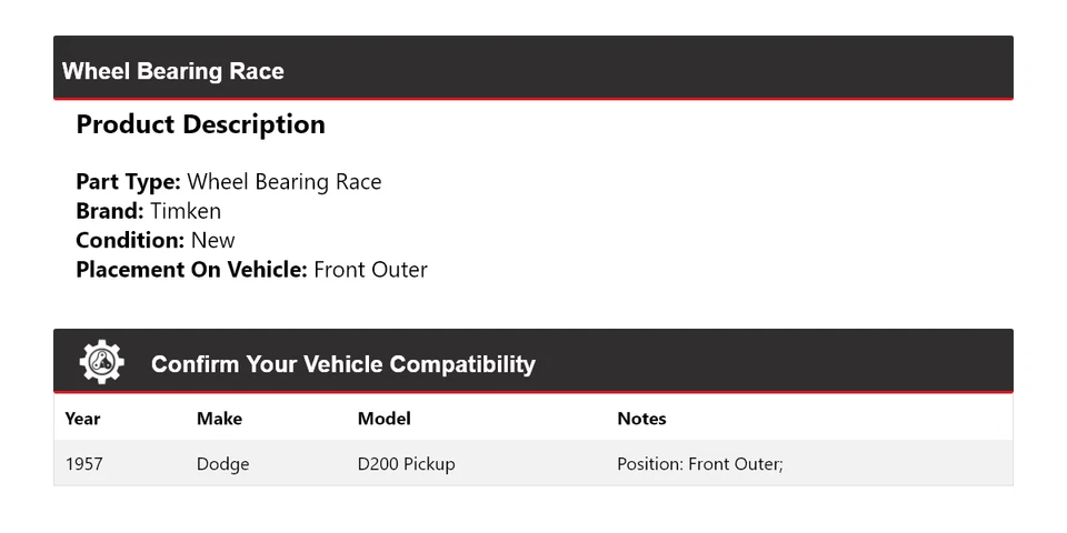 Cojinete de rueda delantero exterior Timken para camioneta Dodge D200 1957 Foto 2 de 4