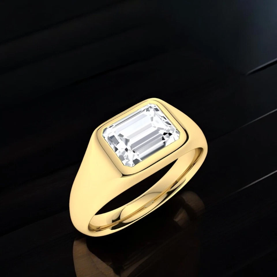 Diamond Gold Mens Ring Emerald Cut 1 Carat IGI Lab Grown 18K Yellow Band E F VS - Image 4 of 4